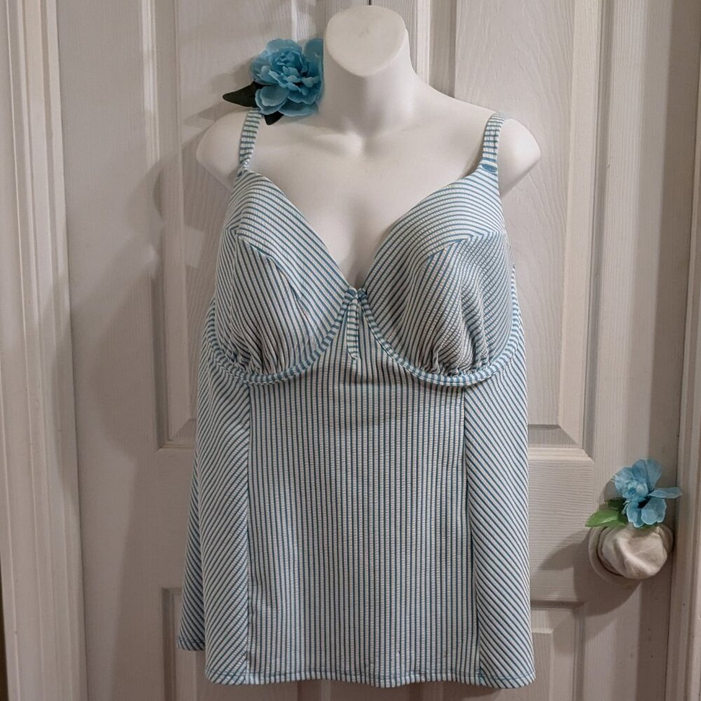 Swim Cacique 4DDD  Tankini Top Aqua & White Stripe Built in Underwire Bra NWOT